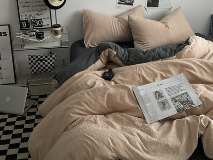 Khaki-darkgrey 1.5m Bed Fitted Sheet Set with 200x230cm Duvet Cover - 4-Piece Bedding Set