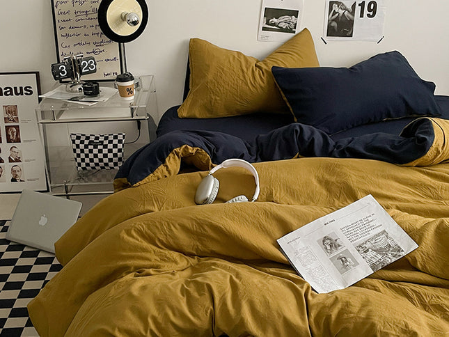 Yellow-black 1.5m Bed Fitted Sheet Set with 200x230cm Duvet Cover - 4-Piece Bedding Set