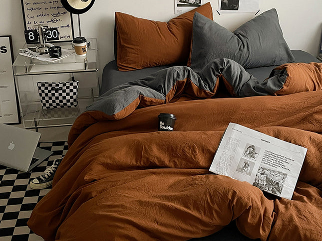 Brown-grey 1.5m Bed Fitted Sheet Set with 200x230cm Duvet Cover - 4-Piece Bedding Set