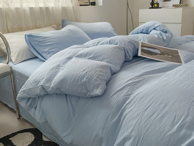 Blue Solid Color Solid Color Solid Color 1.5m Bed Fitted Sheet Set with 200x230cm Duvet Cover - 4-Piece Bedding Set