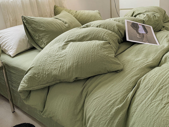 Green Solid Color Solid Color Solid Color 1.5m Bed Fitted Sheet Set with 200x230cm Duvet Cover - 4-Piece Bedding Set