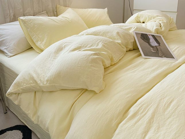 Light-yellow Solid Color Solid Color Solid Color 1.5m Bed Fitted Sheet Set with 200x230cm Duvet Cover - 4-Piece Bedding Set