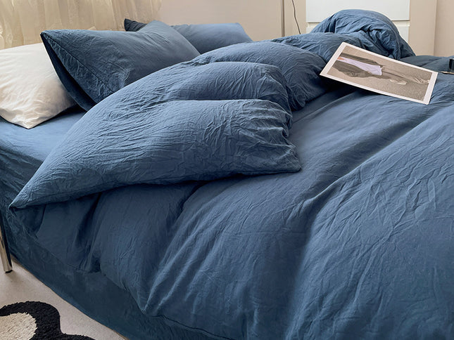 Dark-blue Solid Color Solid Color Solid Color 1.5m Bed Fitted Sheet Set with 200x230cm Duvet Cover - 4-Piece Bedding Set