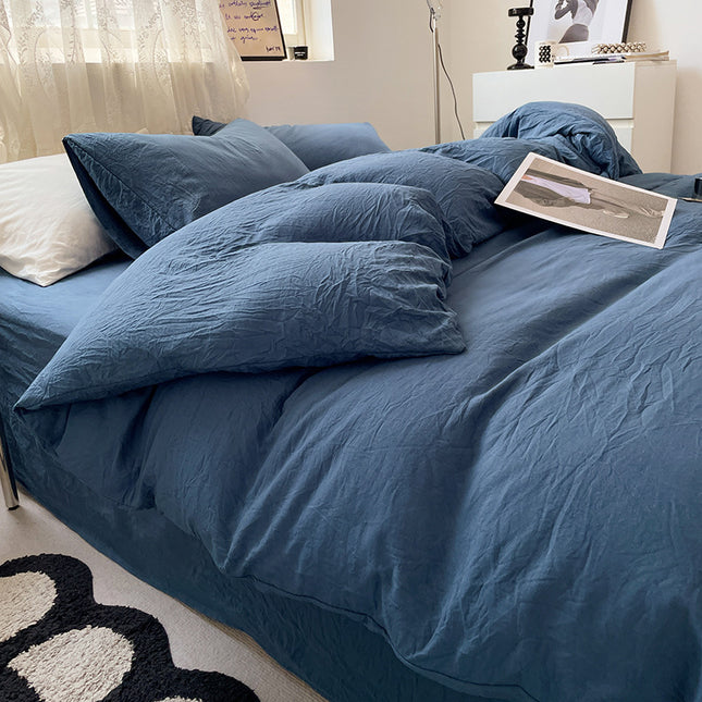 Dark-blue Solid Color Solid Color Solid Color 1.5m Bed Fitted Sheet Set with 200x230cm Duvet Cover - 4-Piece Bedding Set