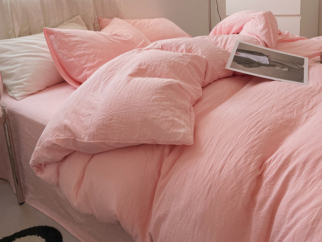 Pink Solid Color Solid Color Solid Color 1.5m Bed Fitted Sheet Set with 200x230cm Duvet Cover - 4-Piece Bedding Set