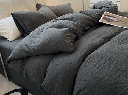 Dark Grey Solid Color Solid Color Solid Color 1.5m Bed Fitted Sheet Set with 200x230cm Duvet Cover - 4-Piece Bedding Set
