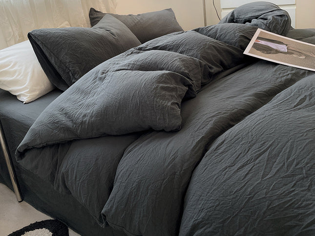Dark Grey Solid Color Solid Color Solid Color 1.5m Bed Fitted Sheet Set with 200x230cm Duvet Cover - 4-Piece Bedding Set
