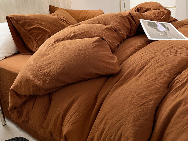 Caramel Solid Color Solid Color Solid Color 1.5m Bed Fitted Sheet Set with 200x230cm Duvet Cover - 4-Piece Bedding Set