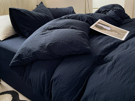 Navy Blue Solid Color Solid Color Solid Color 1.5m Bed Fitted Sheet Set with 200x230cm Duvet Cover - 4-Piece Bedding Set