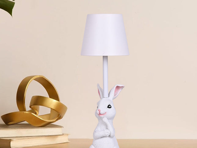White Bunny White Lampshade Adorable Rabbit Resin Table Lamp - 3-Color LED, USB Rechargeable, Touch Dimming