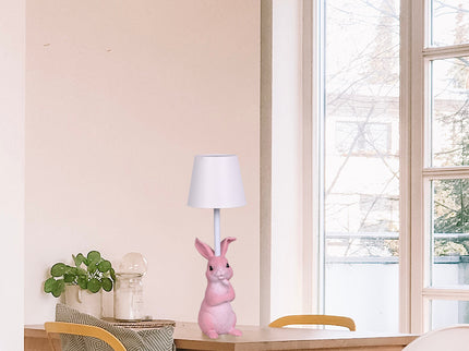 Pink Bunny White Lampshade Adorable Rabbit Resin Table Lamp - 3-Color LED, USB Rechargeable, Touch Dimming