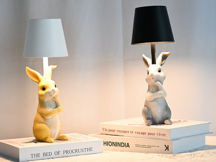 Pink Bunny White Lampshade Adorable Rabbit Resin Table Lamp - 3-Color LED, USB Rechargeable, Touch Dimming
