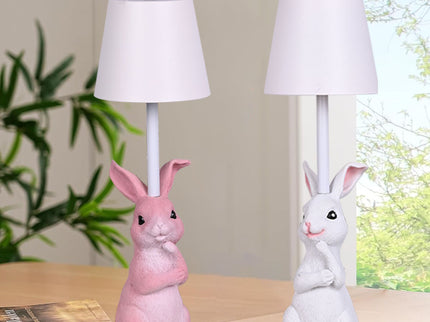 Pink Bunny White Lampshade Adorable Rabbit Resin Table Lamp - 3-Color LED, USB Rechargeable, Touch Dimming