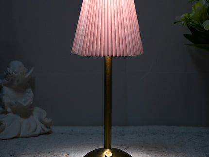 Pink Elegant Pleated Fabric Table Lamp - 3-Color LED, USB Rechargeable, Touch Dimming