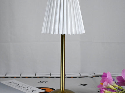 White Elegant Pleated Fabric Table Lamp - 3-Color LED, USB Rechargeable, Touch Dimming