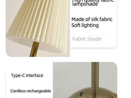 White Elegant Pleated Fabric Table Lamp - 3-Color LED, USB Rechargeable, Touch Dimming