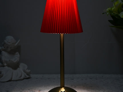 Red Elegant Pleated Fabric Table Lamp - 3-Color LED, USB Rechargeable, Touch Dimming