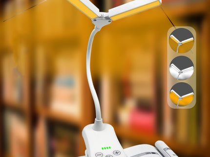 White Rechargeable Dual-Head Clip-On Book Light - Touch Control Reading Lamp with Eye Protection