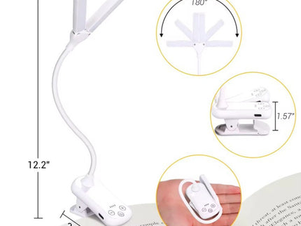 White Rechargeable Dual-Head Clip-On Book Light - Touch Control Reading Lamp with Eye Protection