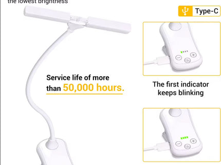 White Rechargeable Dual-Head Clip-On Book Light - Touch Control Reading Lamp with Eye Protection