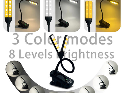 White Rechargeable Dual-Head Clip-On Book Light - Touch Control Reading Lamp with Eye Protection