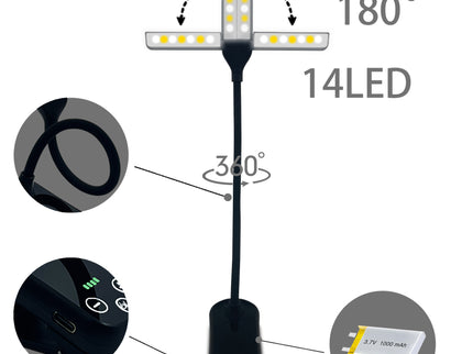 White Rechargeable Dual-Head Clip-On Book Light - Touch Control Reading Lamp with Eye Protection