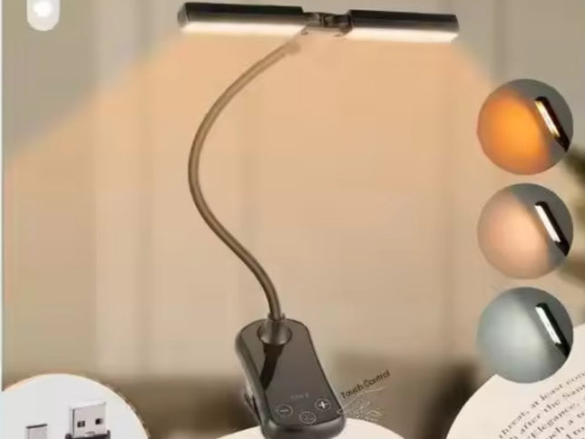 Black Rechargeable Dual-Head Clip-On Book Light - Touch Control Reading Lamp with Eye Protection