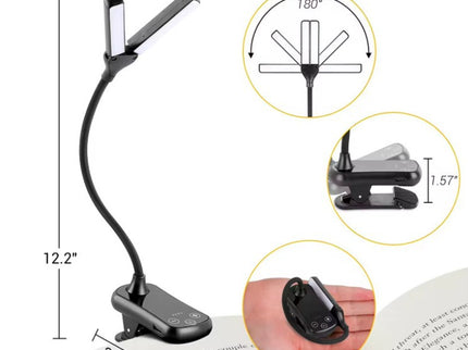 Black Rechargeable Dual-Head Clip-On Book Light - Touch Control Reading Lamp with Eye Protection