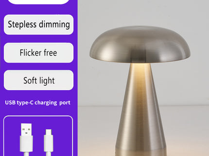 Silver Metal Mushroom Table Lamp - Rechargeable Touch Control Ambient Light with Remote