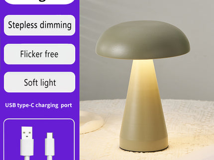 Olive Green Metal Mushroom Table Lamp - Rechargeable Touch Control Ambient Light with Remote