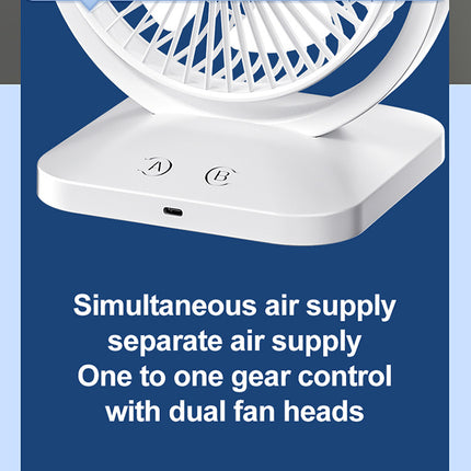 White Dual Head USB Rechargeable Desk Fan - Portable Double Air Circulator