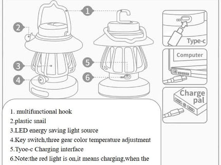 Pink Retro Snail Night Light - Portable Rechargeable Camping Lantern with Hook, 3-Color Dimming