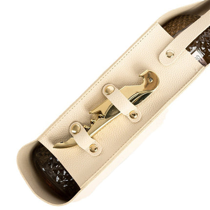 Brown Leather-Look Single Wine Bottle Carrier Bag with Handle and Side Pocket for Opener(Red wine and bottle opener are props for shooting and are not included)