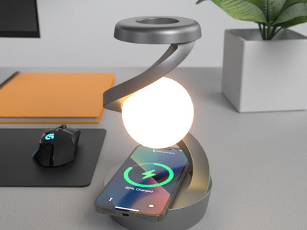 Grey-Black Modern Levitating LED Desk Lamp with Wireless Phone Charger - Spiral Design Atmosphere Light