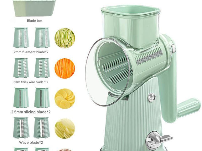Multi-Function Rotary Vegetable Slicer & Grater - 5 Blade Types (10 Pcs Total) with Storage Box-green
