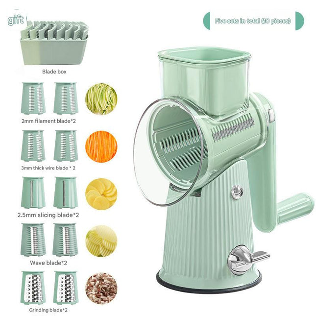 Multi-Function Rotary Vegetable Slicer & Grater - 5 Blade Types (10 Pcs Total) with Storage Box-green