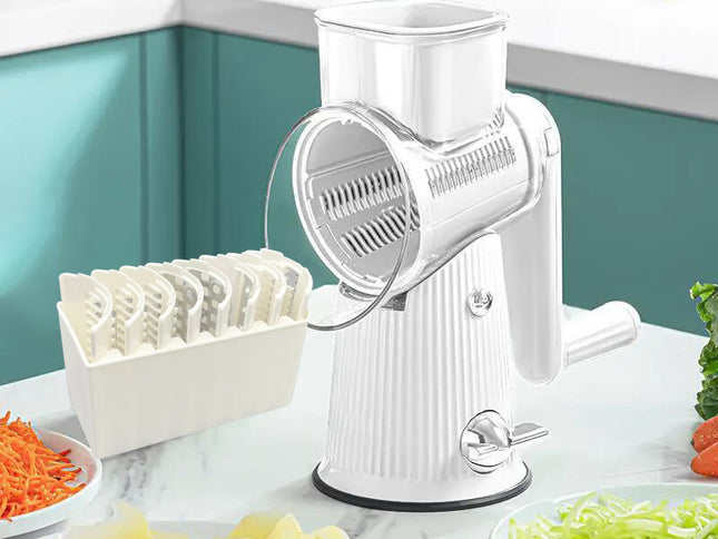 Multi-Function Rotary Vegetable Slicer & Grater - 5 Blade Types (10 Pcs Total) with Storage Box-white
