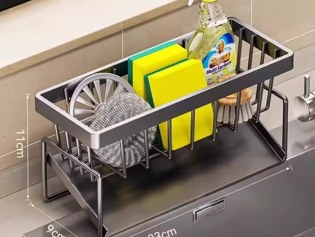 Kitchen Sink Caddy Organizer with Towel Bar & Drain Tray - Durable Metal Sponge Holder(grey)