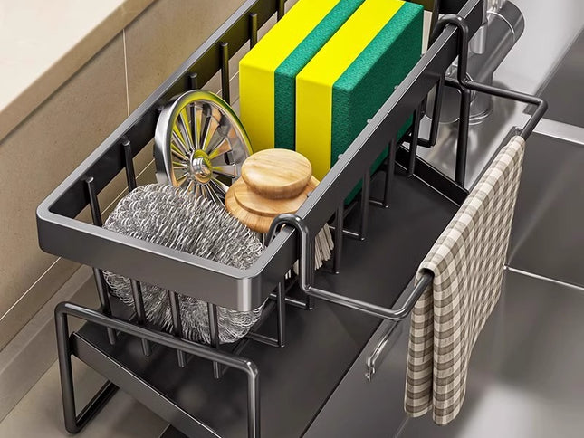 Kitchen Sink Caddy Organizer with Towel Bar & Drain Tray - Durable Metal Sponge Holder(grey)