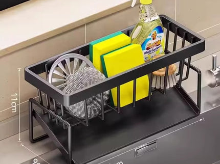 Kitchen Sink Caddy Organizer with Towel Bar & Drain Tray - Durable Metal Sponge Holder(Black)
