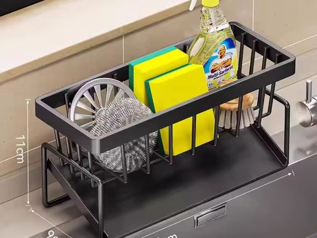 Kitchen Sink Caddy Organizer with Towel Bar & Drain Tray - Durable Metal Sponge Holder(Black)