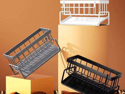 Kitchen Sink Caddy Organizer with Towel Bar & Drain Tray - Durable Metal Sponge Holder(Black)