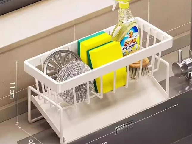 Kitchen Sink Caddy Organizer with Towel Bar & Drain Tray - Durable Metal Sponge Holder(White)