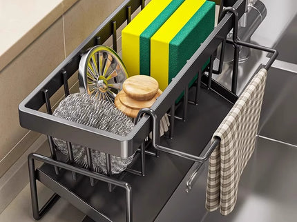 Kitchen Sink Caddy Organizer with Towel Bar & Drain Tray - Durable Metal Sponge Holder(White)