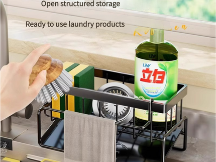 Kitchen Sink Caddy Organizer with Towel Bar & Drain Tray - Durable Metal Sponge Holder(White)