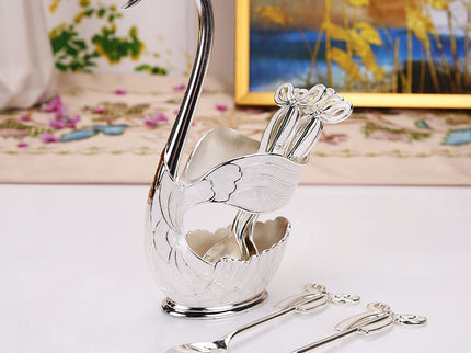 Elegant Swan Base Spoon Holder Set with 6 Coffee/Dessert Spoons(Silver spoon)