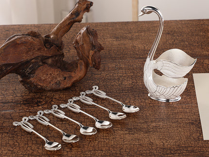 Elegant Swan Base Spoon Holder Set with 6 Coffee/Dessert Spoons(Silver spoon)
