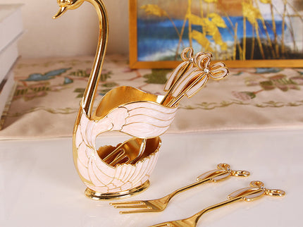 Elegant Swan Base Spoon Holder Set with 6 Coffee/Dessert Spoons(Gold Fork)