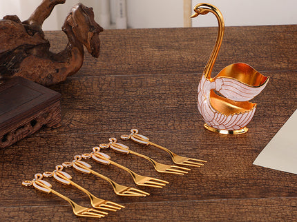Elegant Swan Base Spoon Holder Set with 6 Coffee/Dessert Spoons(Gold Fork)