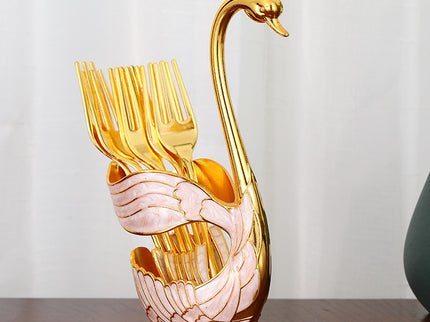 Elegant Swan Base Spoon Holder Set with 6 Coffee/Dessert Spoons(Gold Fork)